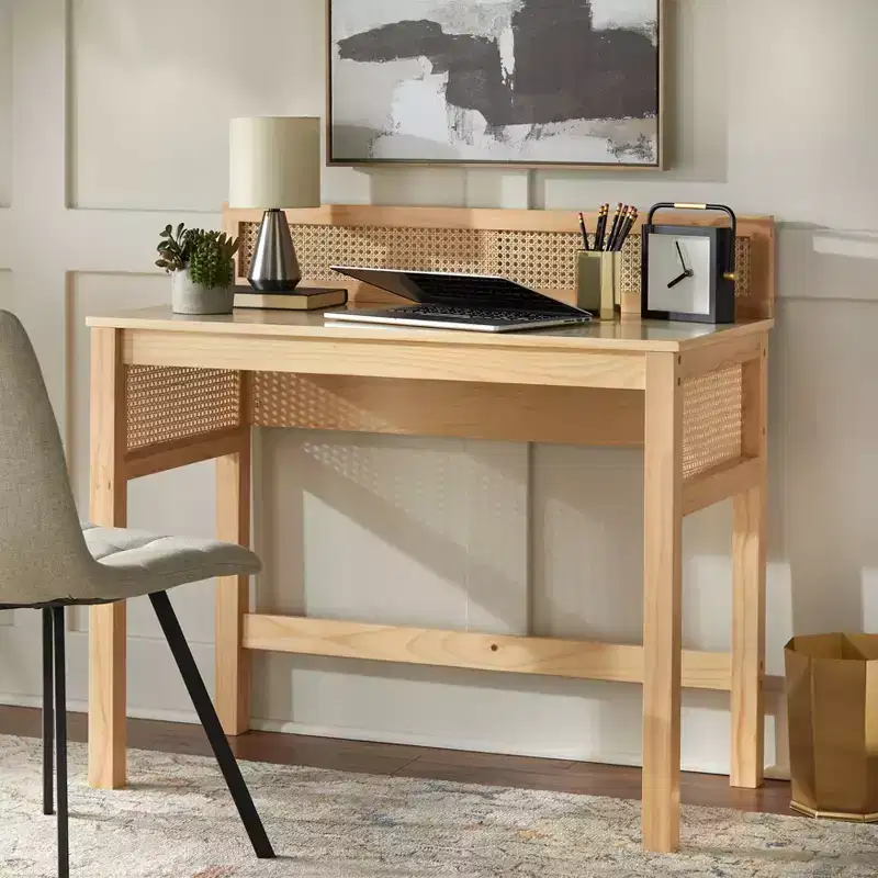 Natural Cane Desk with Pinewood Legs, Light Oak Finish, Home Office Writing Desk