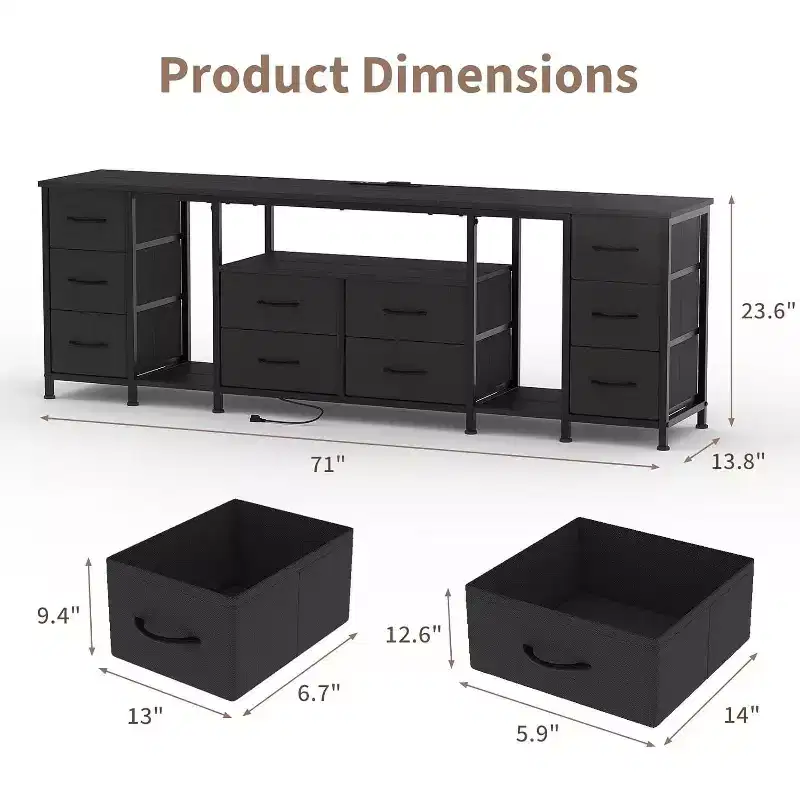 10 Drawer Dresser,TV Stand with Fabric Drawers for 75 70 65 Inch TV, TV Console Table with Open Storage Shelves for Living Room, Bedroom,