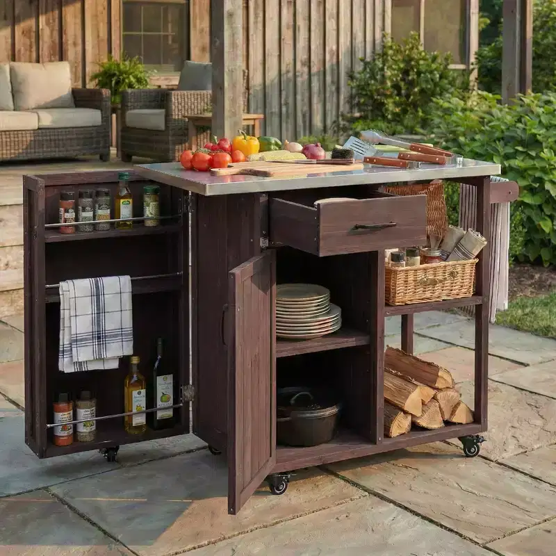 Fir Wood Outdoor Kitchen Island with Storage, Lockable Rolling Kitchen Cart with Stainless Top, Towel & Spice Racks for Patio/Kitchen - ModernLuxe