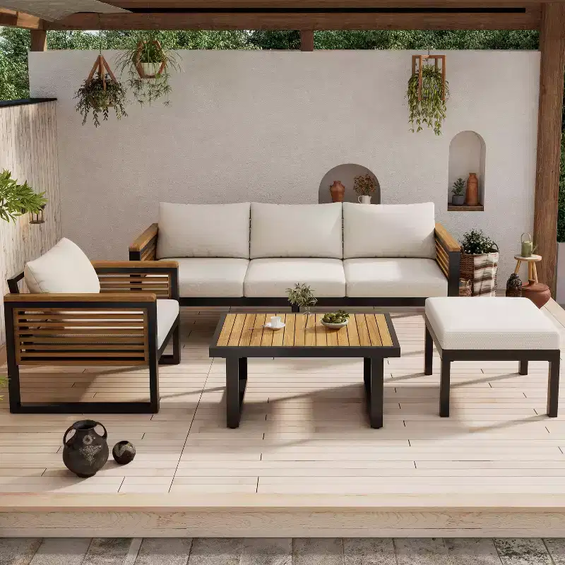 Christopher Knight Home Faye 4 Piece Patio Acacia and Metal Upholstered Seating Set with Slat Design