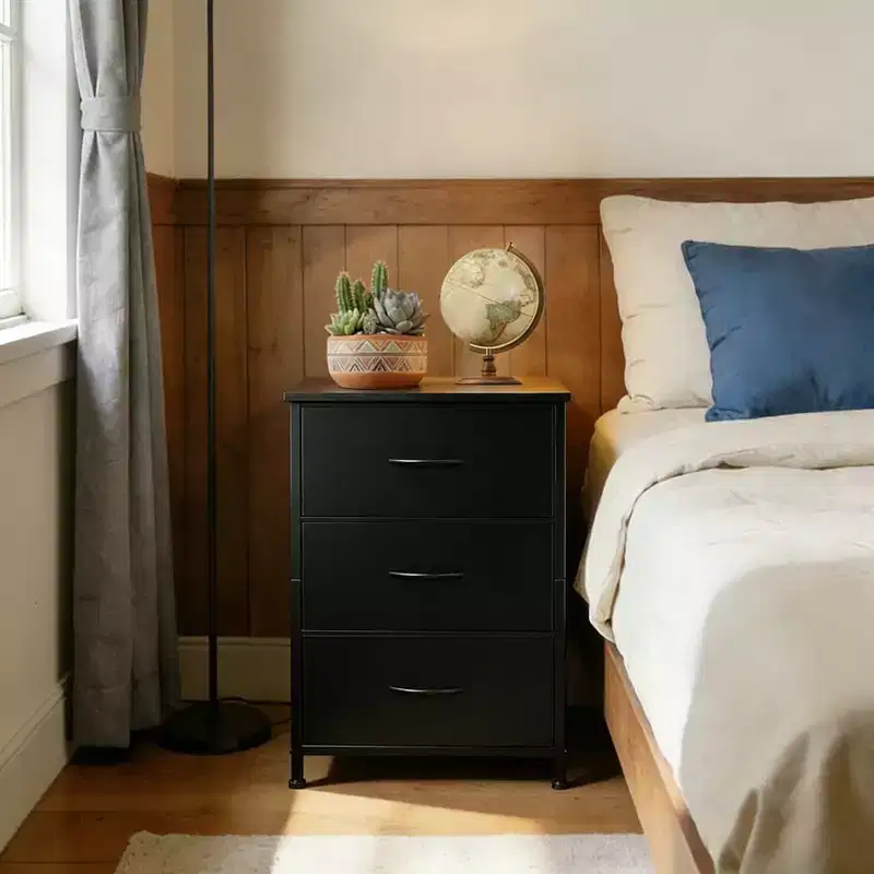 3 Drawer Dresser with Fabric Bins, Compact Wood Grain Storage Organizer for Bedroom, Closet, Entryway