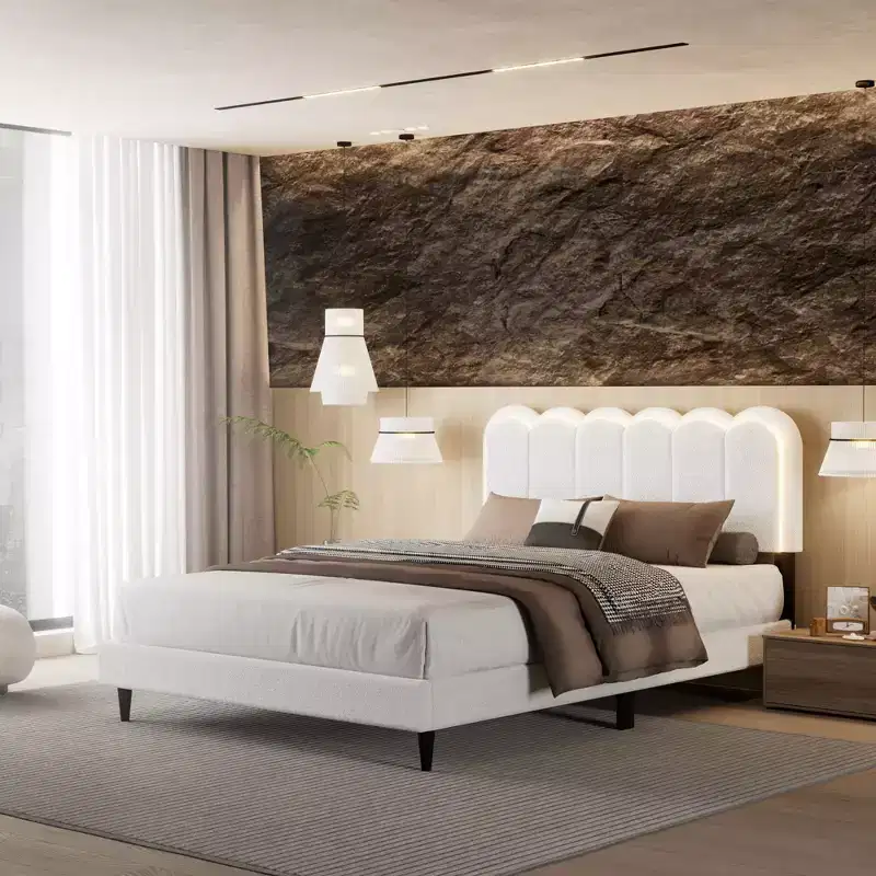 Cream White Petal Headboard Bed Frame with Ambient Light, Full/Queen Size Soft Boucle Upholstered Platform Bed - ModernLuxe