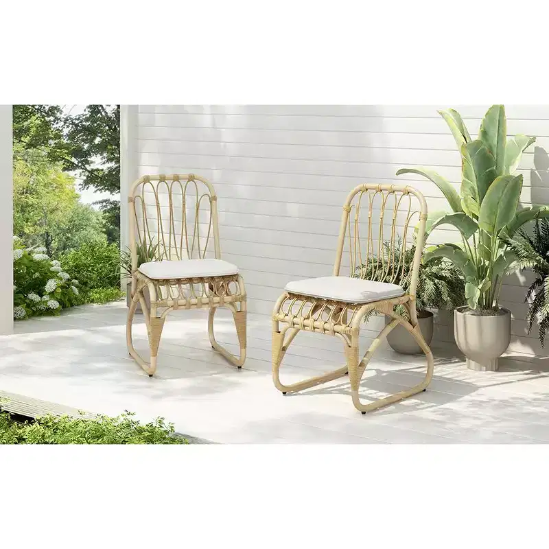 MAYEERTY Set of 2 Outdoor PE Wicker Dining Chairs With Washable Cushion Natural Rattan for Patio Garden