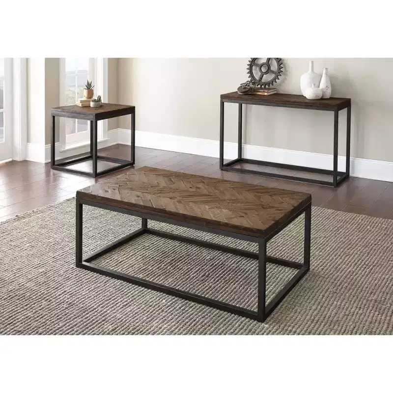 Square End Table with Acacia Herringbone Top & Vintage Nickel Metal Base, 24