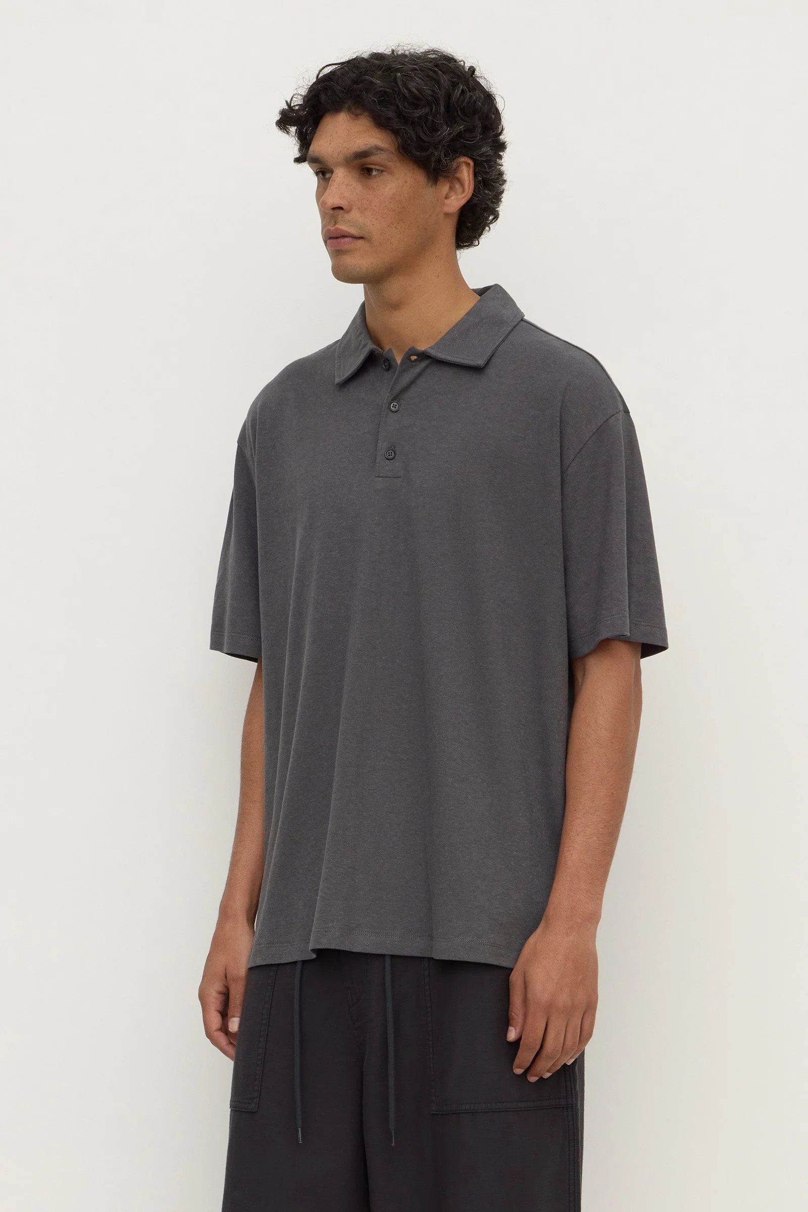 Washed Charcoal Hemp Cotton Knit Polo