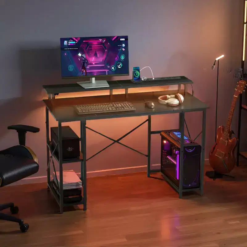 VEVOR 47 Gaming Desk with LED Lights & Power Outlets, Computer Desk with Monitor Stand & 2-Tier Storage Sheves, Study Work, Black