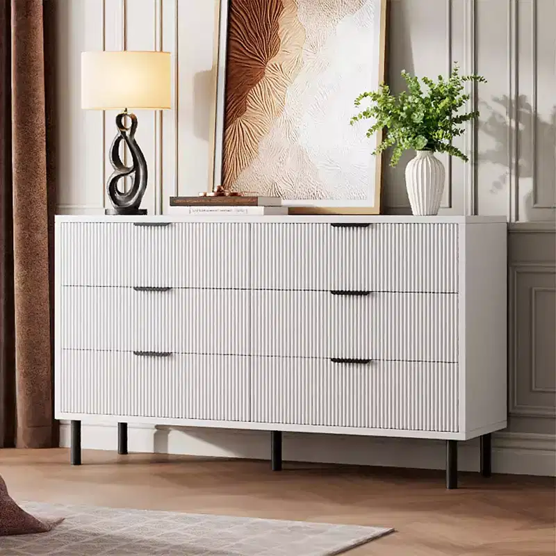 Fluted 6 Drawer Dresser, Wide Wood Double Dresser with Metal Legs and Handles