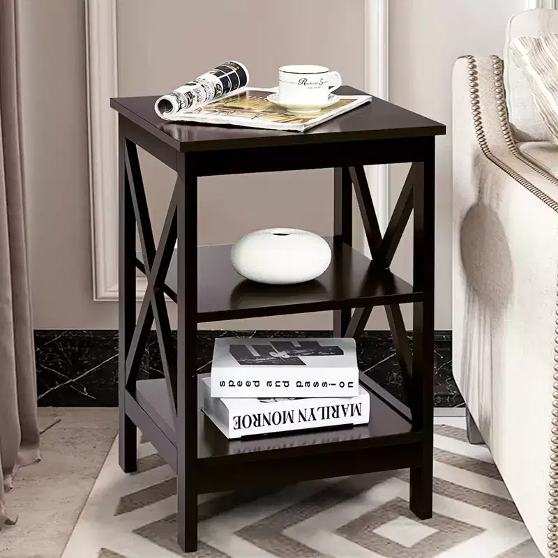 3-Tier Nightstand End Table Set of 2 with X Design Storage Shelf