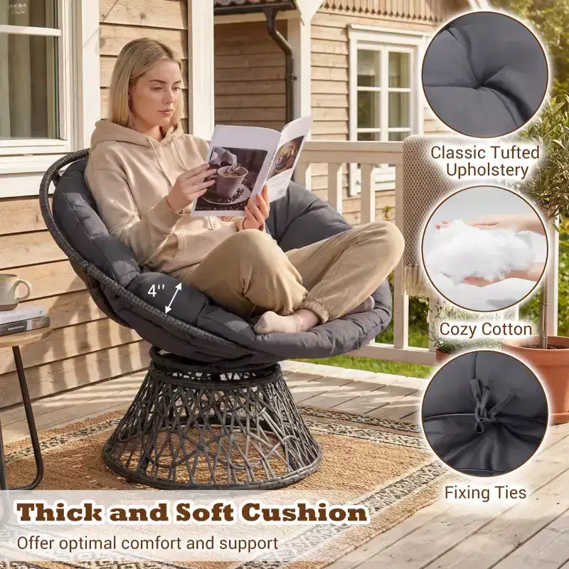 Gymax 360-DegreeSwivel Papasan Chair Round Wicker Lounge Chair w/Thick Cushion&Metal Frame