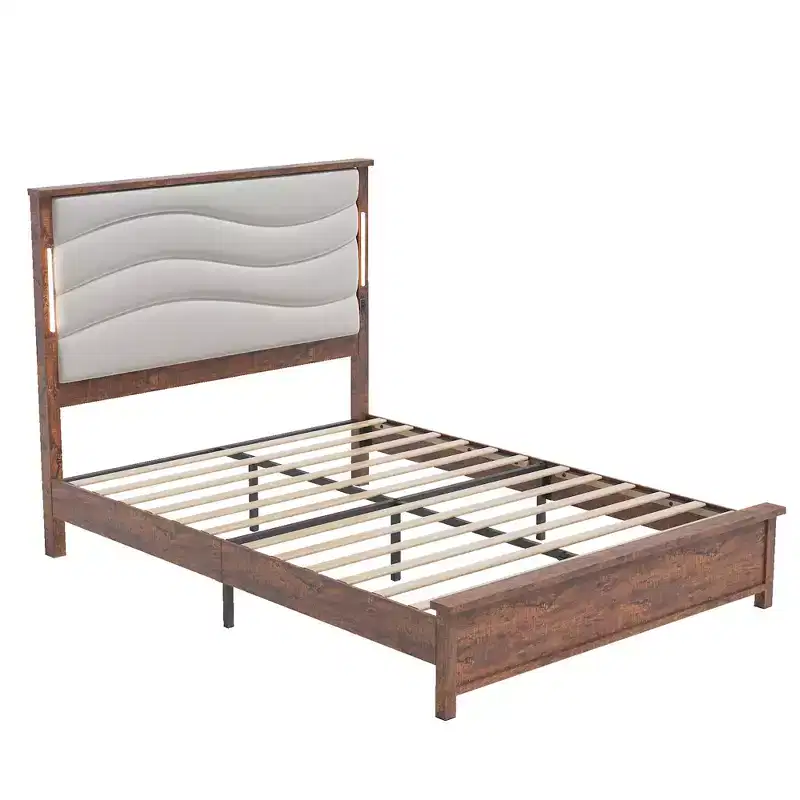 CLIHOME Beige Linen Upholstered Headboard Bed Frame with Charging Station and LED Lights, Wood Slats