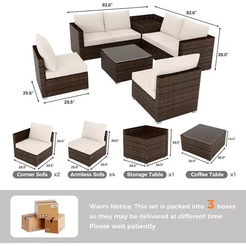 8-Piece Multifunctional Outdoor Patio Set, PE Rattan Sectional Sofa with Coffee Table & Storage Box, Brown & Beige