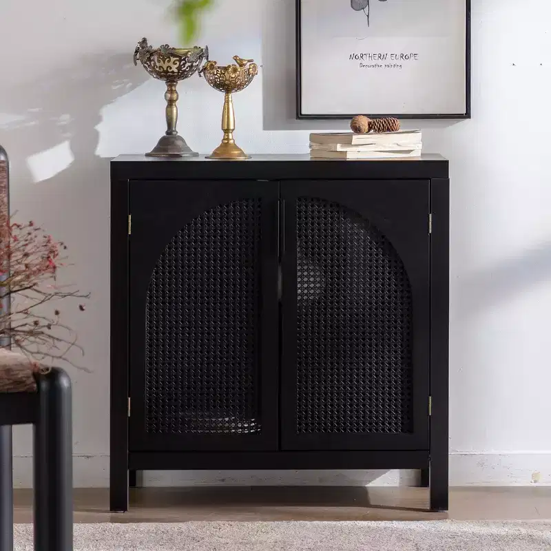 Mid-Century Rattan Sideboard Buffet Cabinet with Adjustable Shelves