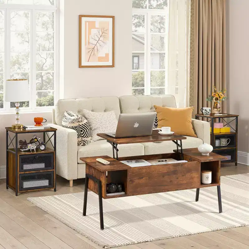 VECELO 42 in. Lift Top Coffee Table and 2 Nightstands, Hidden storage compartment & 2 Storage Shelves, End/Side Table with Door, Brown