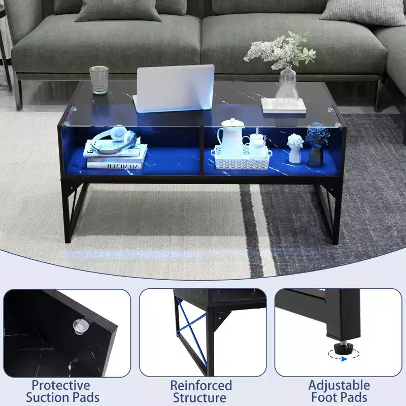 LED Coffee Table with 4 Storage Cubes, Faux Marble & Tempered Glass Top, Black