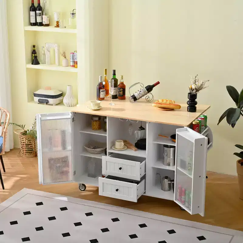 Kathleen Modern 47.6 Wood Mobile Kitchen Island Storage Trolley Cart with Dropleaf Top