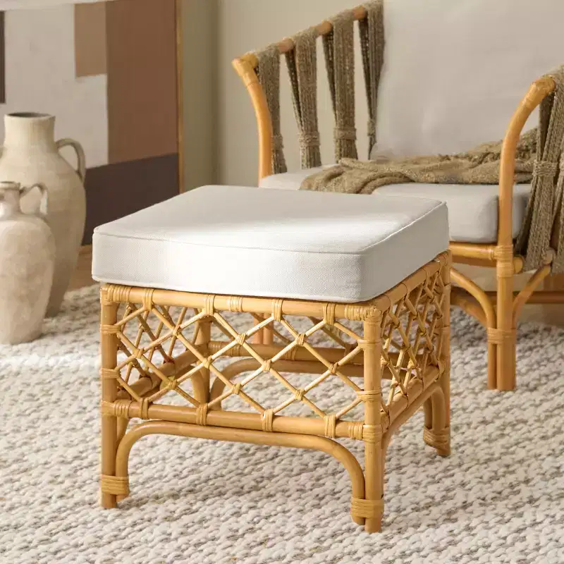 Cherilynn Rattan Pole Ottoman - CWK3020 - Natural/White - Safavieh Couture