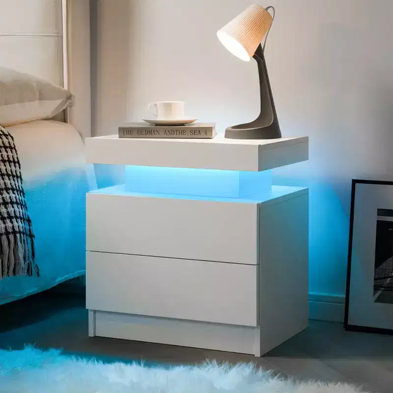 Nightstand Bedside Table Cabinet Lights Modern End Side with 2 Drawers for Bedroom (White)