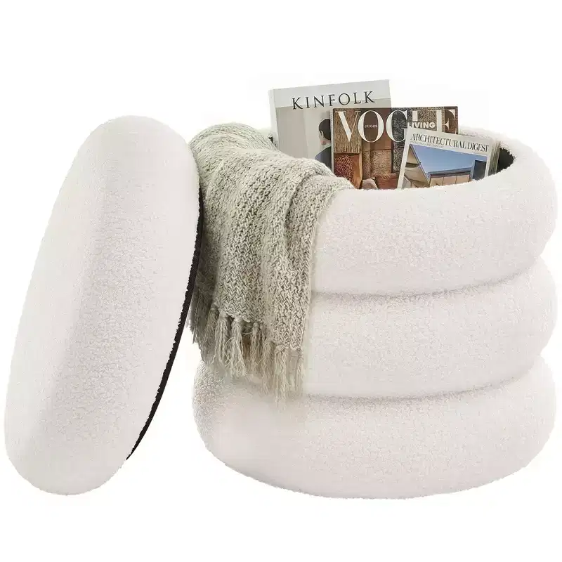 Vanity Stool, Round Ottoman with Storage, Upholstered, Removable Lid, Easy Assembly, 16.9 x 16.9 x 18.5 Inches, Teddy Fleece, White