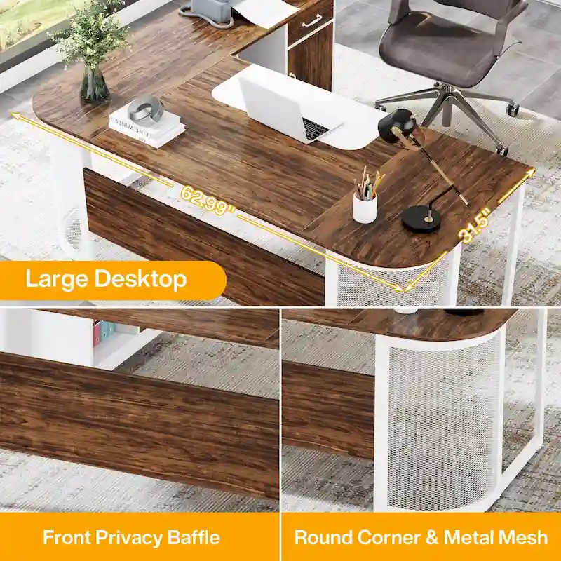Large 63 L-Shaped Executive Office Desk with 31 File Cabinet