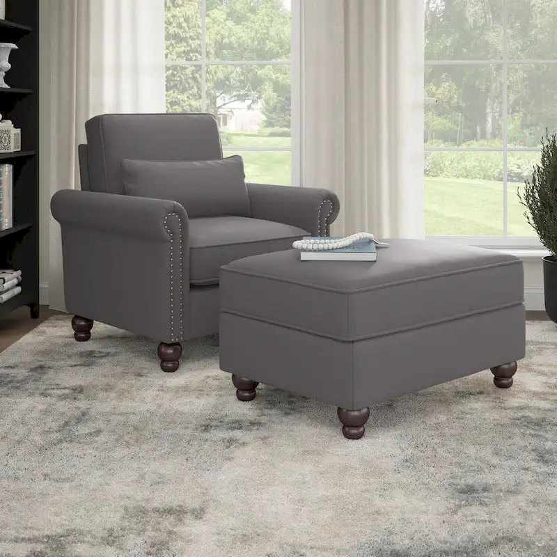 Accent Chair with Storage Ottoman and Lumbar Pillow Set