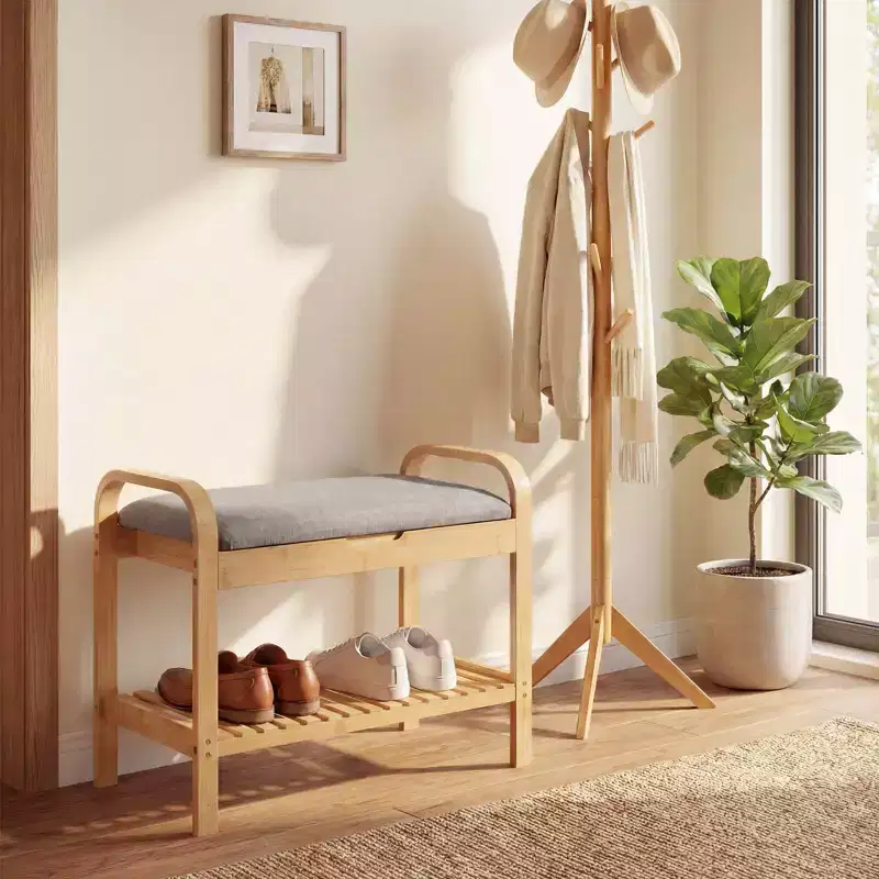 Shoe Rack Bench Bamboo W/Cushioned Seat&Storage Shelf Padded Seat Shoe Bench