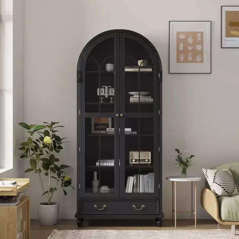 Arched Glass-Door Display Storage Cabinet Bookshelf Magnetic Closure + Open Shelves + Drawer
