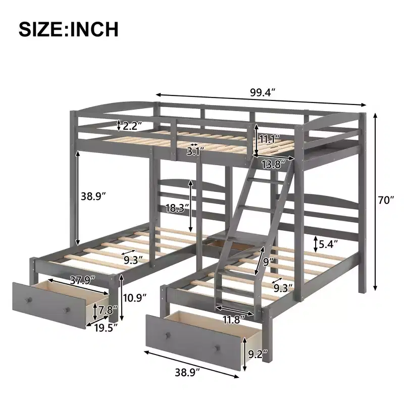 Kids Full over Twin & Twin Triple Bunk Bed with Drawers and Guardrails, Gray