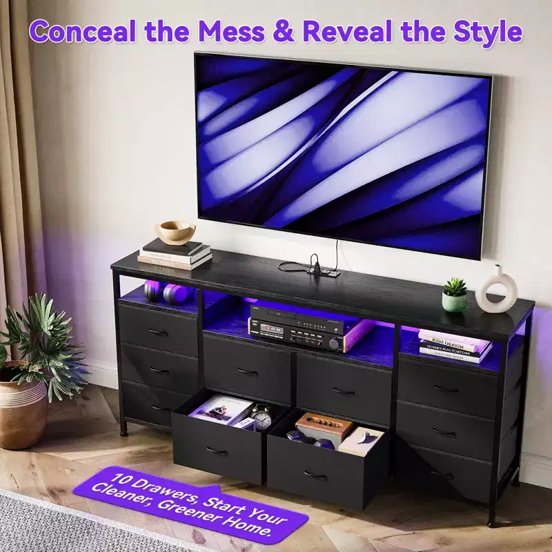 COZONY 63.3 Black Dresser w/10 Drawers, LED Lights&Power Outlets TV Stand for 65-75 Inch TV Entertainment Center for Bedroom Living Room Entryway