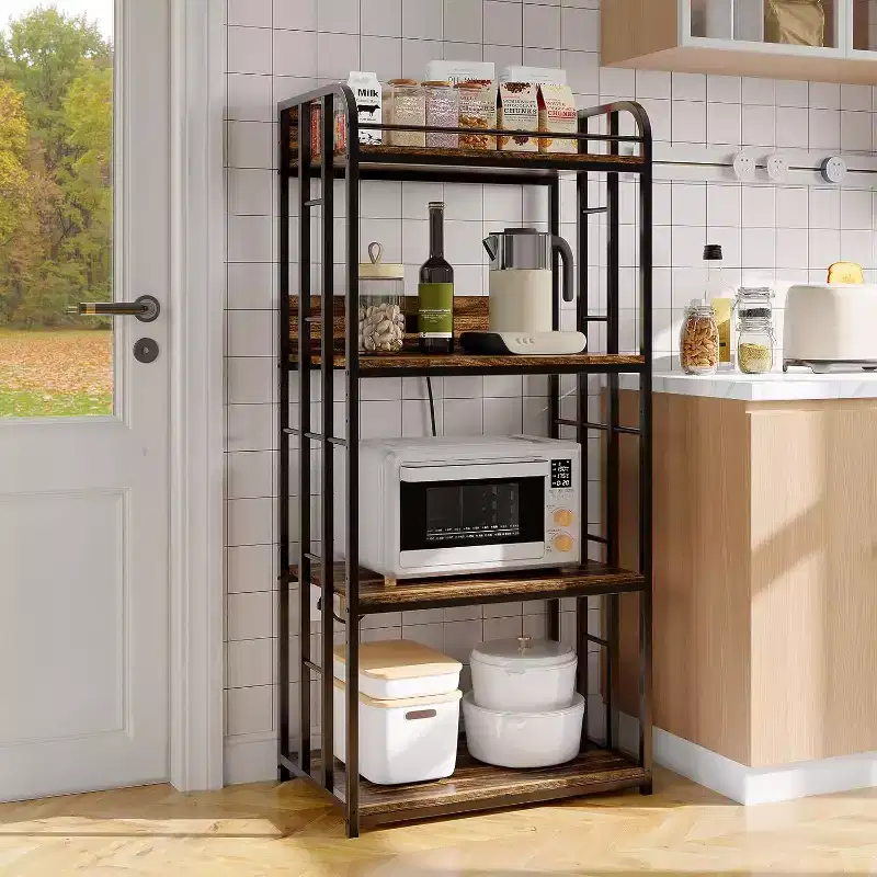 4 Tier Bakers Rack Spacious 4-Tier Storage, Freestanding Microwave Stand, Heavy-Duty Metal Frame, Protective Barrier & Stability, Space-Saving Design