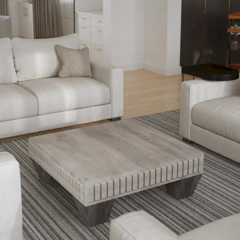 Tokyo Inspired 36 Inch Square Mango Wood Coffee Table - Handcrafted with Elegant Sandblasted Gray Finish And Tapered Legs