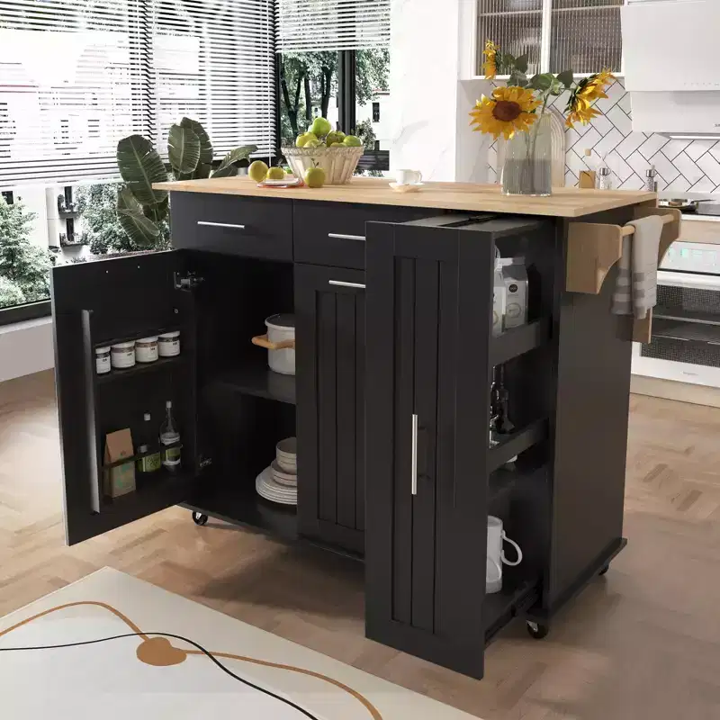 Kitchen Island with 3 Tier Pull Out Cabinet Organizer, Kitchen Cart with Drop Leaf and Storage Rack, Countertop Organizer for Kitchen