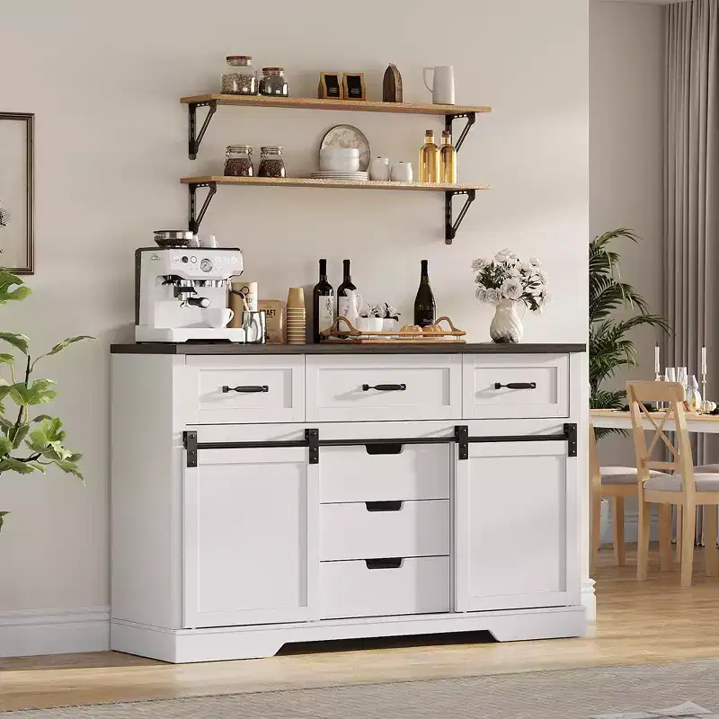 Brown Rustic Farmhouse Dresser with Lighted Mirror, 6 Drawers & 2 Sliding Doors, Single