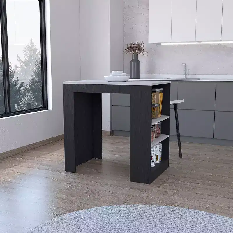 Okak Modern Kitchen Island with Counter Height Table Top, Kitchen Island Table with 3 Side Shelves, Countertop Organizer for Kitchen