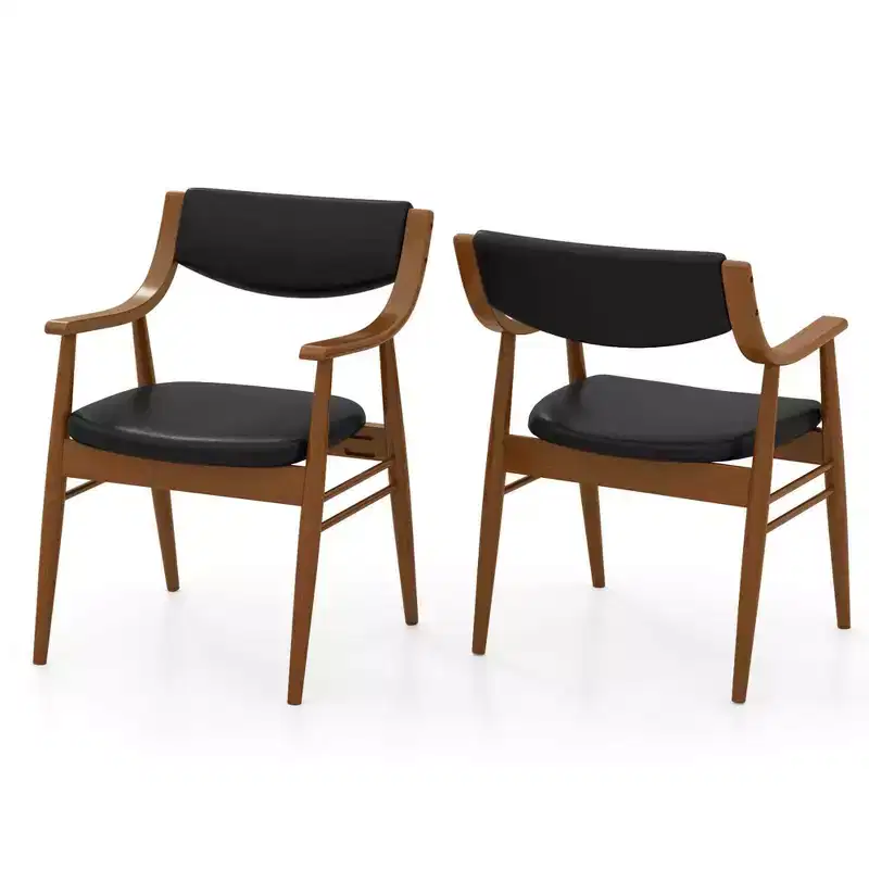 Costway PU Leather Dining Chair Set of 2 with Padded Seat & Back Armrests Rubber Wood Frame Black/Brown