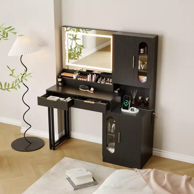 Fluted Vanity Desk with LED Mirror, Drawers and Cabinets