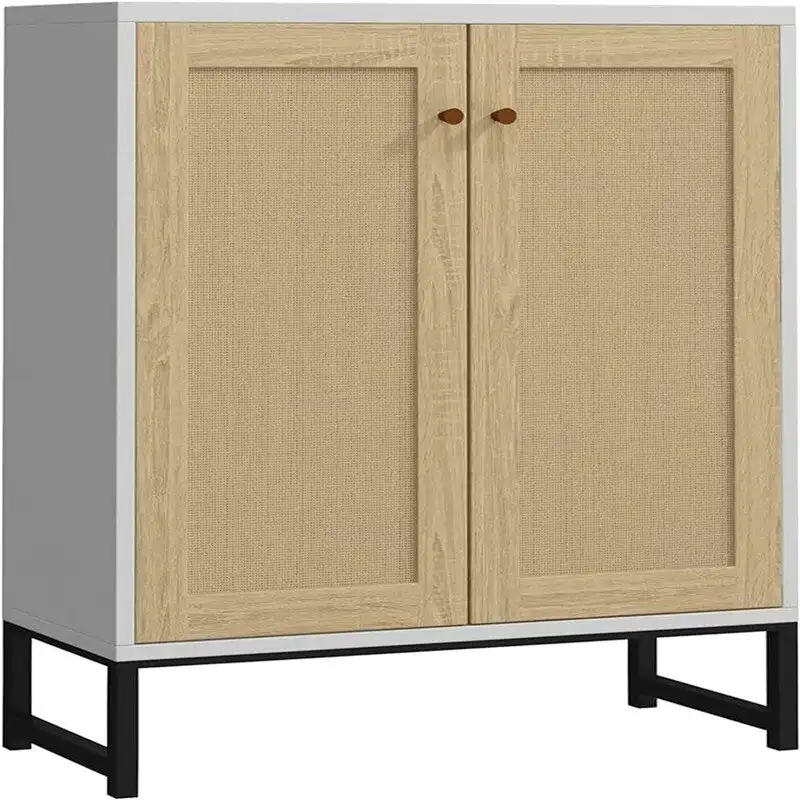 Rattan Door Sideboard Buffet Cabinet, White/Natural/Black, 2-Door
