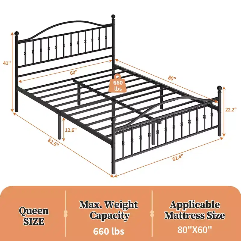 Queen Size Metal Platform Bed Frame with Vintage Circular Headboard and Footboard, Heavy-Duty Iron Frame, No Box Spring Needed, Noise-Free Design