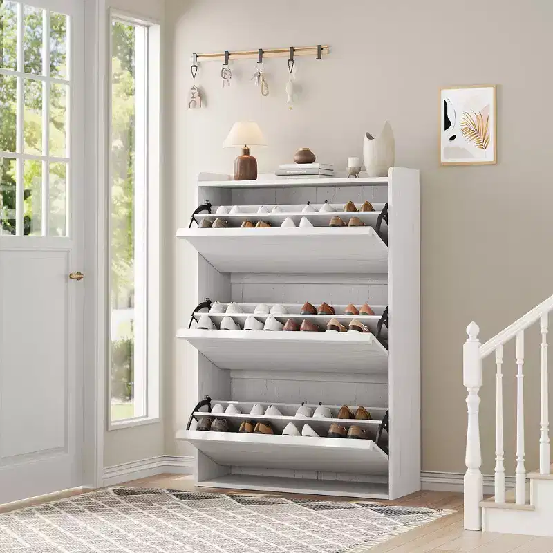 Shoe Cabinet with 3 Flip Drawers, Shoe Storage for Entryway, Wooden Shoe Organizer Cabinet, Hidden Shoe Rack for Hallway, Living Room, Rustic White
