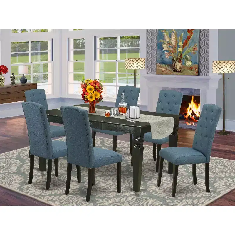 HomeStock 7 Piece Dinette Set Rectangle Table with Butterfly Leaf and 6 Mineral Blue Linen Fabric Chairs Black