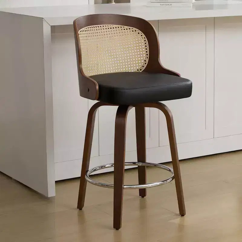 Bekrvio 26 Set of 2/3/4 Swivel Barstool with Rattan Back & Bentwood Legs, Upholstered Faux Leather Counter Height Bar Stools for Kitchen Island