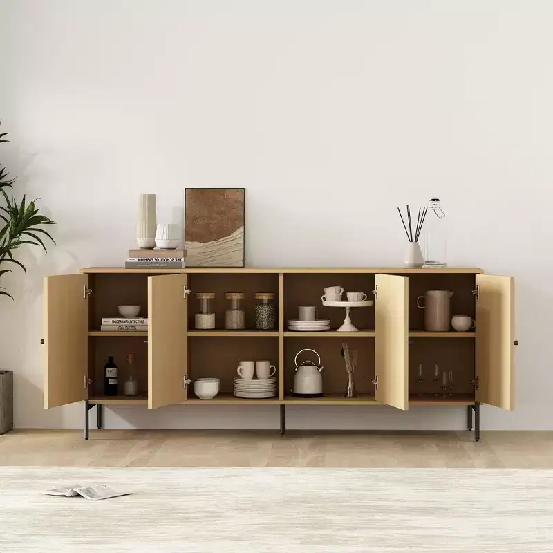 71 in Modern Slatted Door Sideboard with Adjustable Shelves and Metal Legs