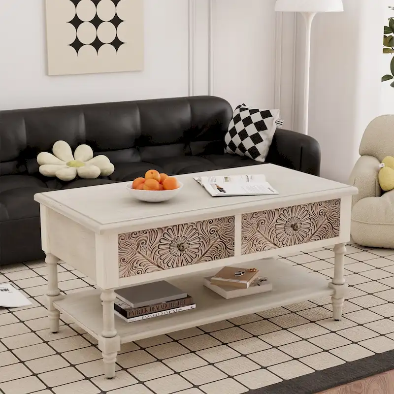 VENTOPYR Mid-Century Modern Rectangular Coffee Table with 2 Drawers and Shelf
