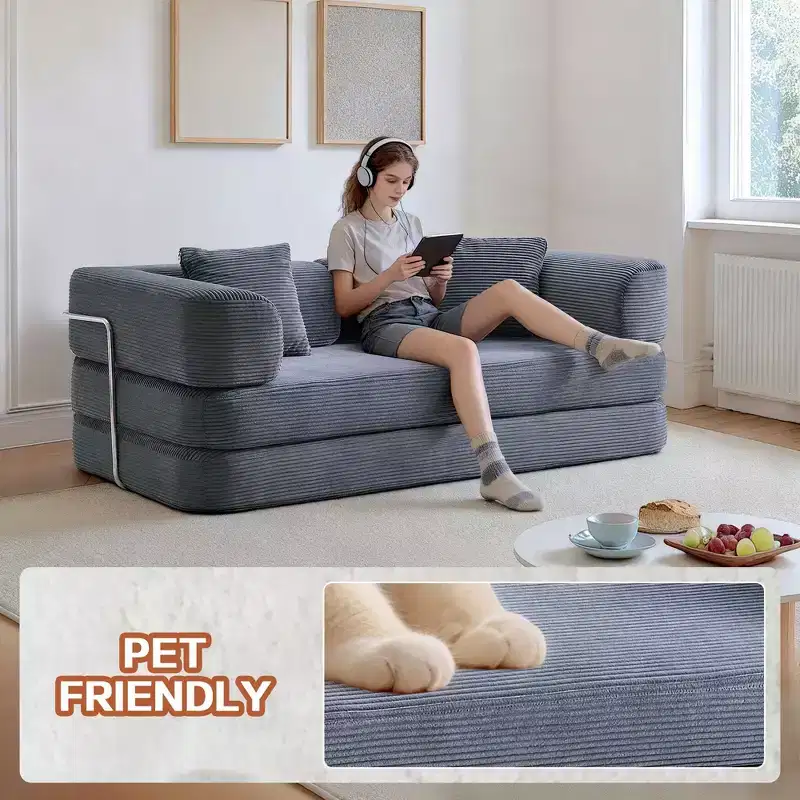 Okak Convertible Floor Sofa Bed Loveseats with Blanket & Pillows,Corduroy Fabric Futon Couch for Living Room,Apartments