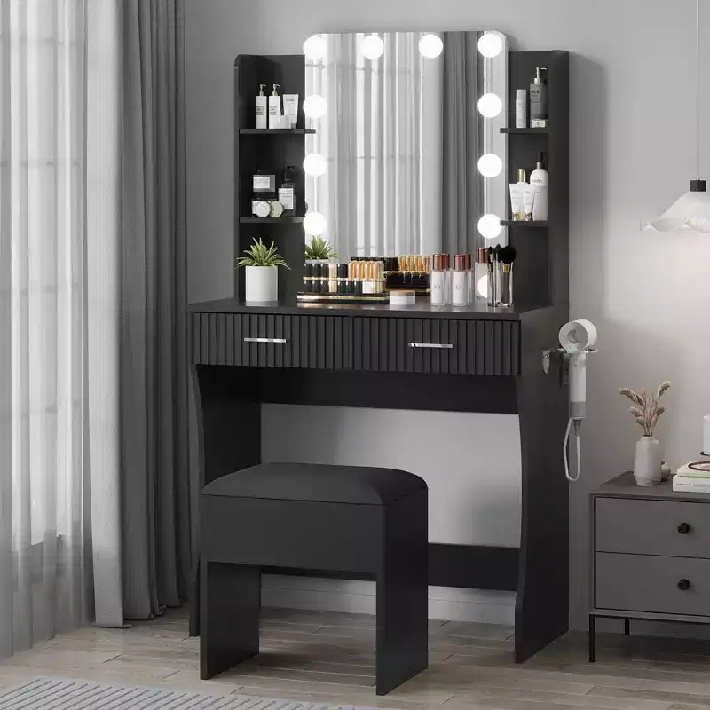 Makeup Vanity Desk with Mirror,Vanity Table with Power Outlet,2 Drawers,6 Shelves,Hair Dryer Holder&Stool,Modern Dressing Table Furniture for Bedroom