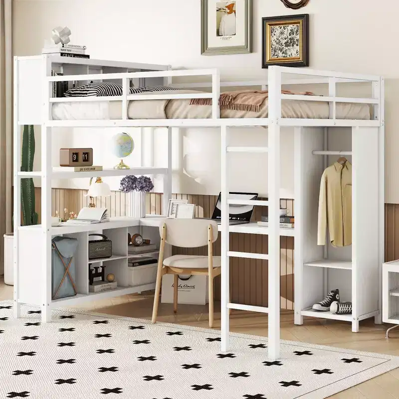 Full Size Loft Bed with Wardrobe & L-Shaped Desk,Heavy Duty Metal Bunk Beds with Storage Shelves,Modern Loft Beds for Teens & Adults
