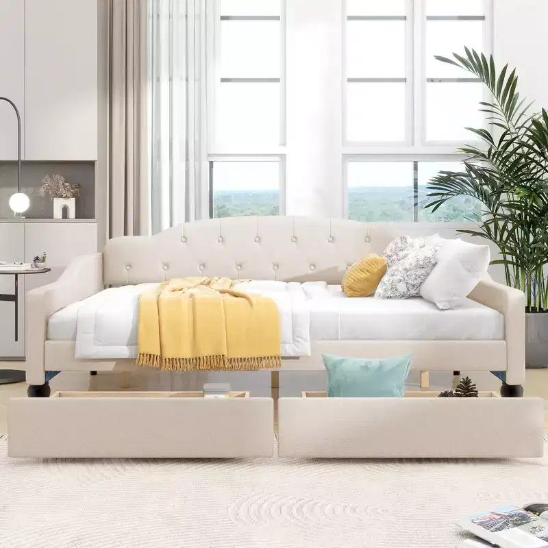 Full Size Upholstered Daybed with 2 Drawers and Button Tufted Backrest, Beige