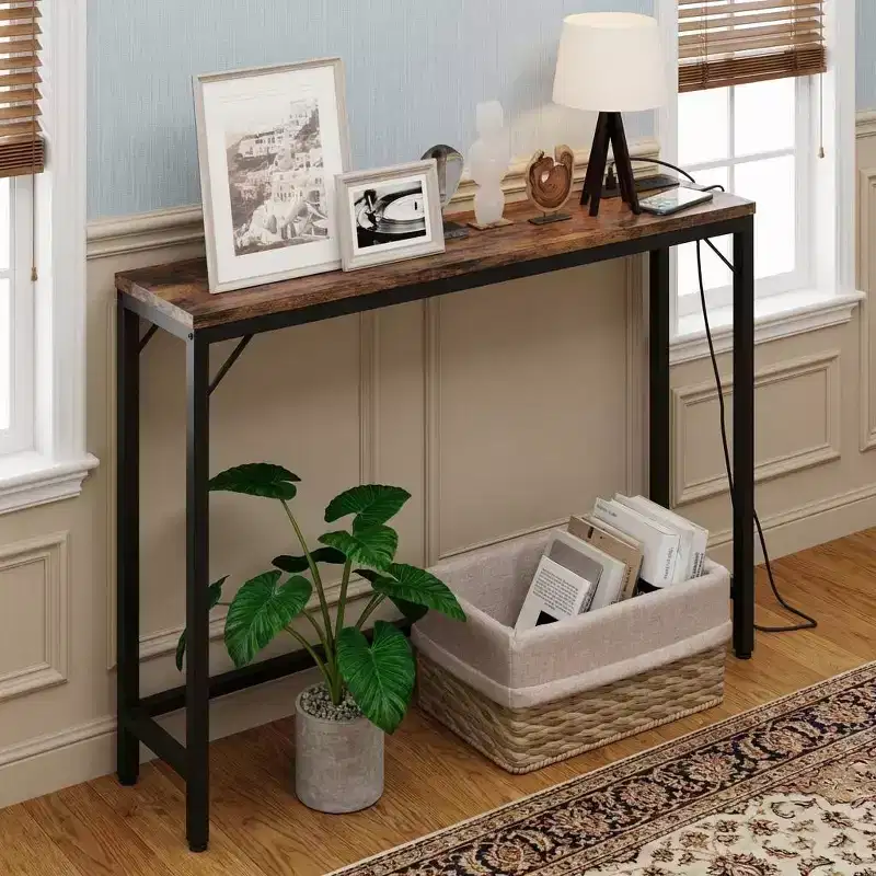 COZONY 39 Narrow Entryway Table with USB Ports, Industrial Console Table with Charging Station for Hallway Living Room