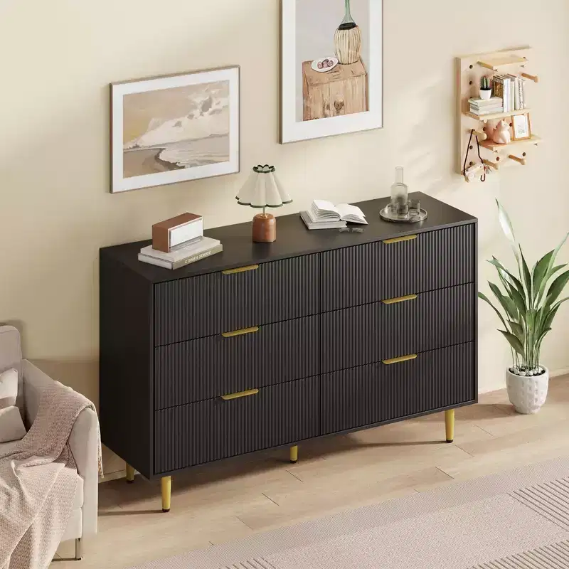 6-Drawer Modern Black Fluted Dresser, Wide Wooden Chest with Gold Metal Handles & Legs, Large Storage Organizer for Bedroom, Living Room & Entryway