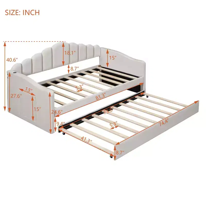 Twin Size Daybed with Trundle for Adults, Kids, Girls, Teens, Daybeds with Trundle for Living Room, Velvet, Beige