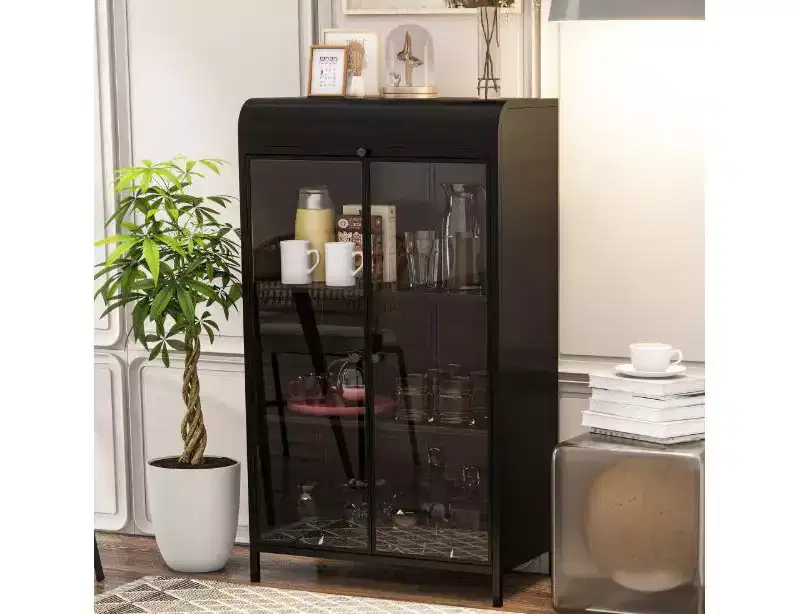 Metal storage cabinet with glass doors, flip-top, and 4 open shelvesideal for kitchens, living rooms, offices, dining rooms, and bathrooms